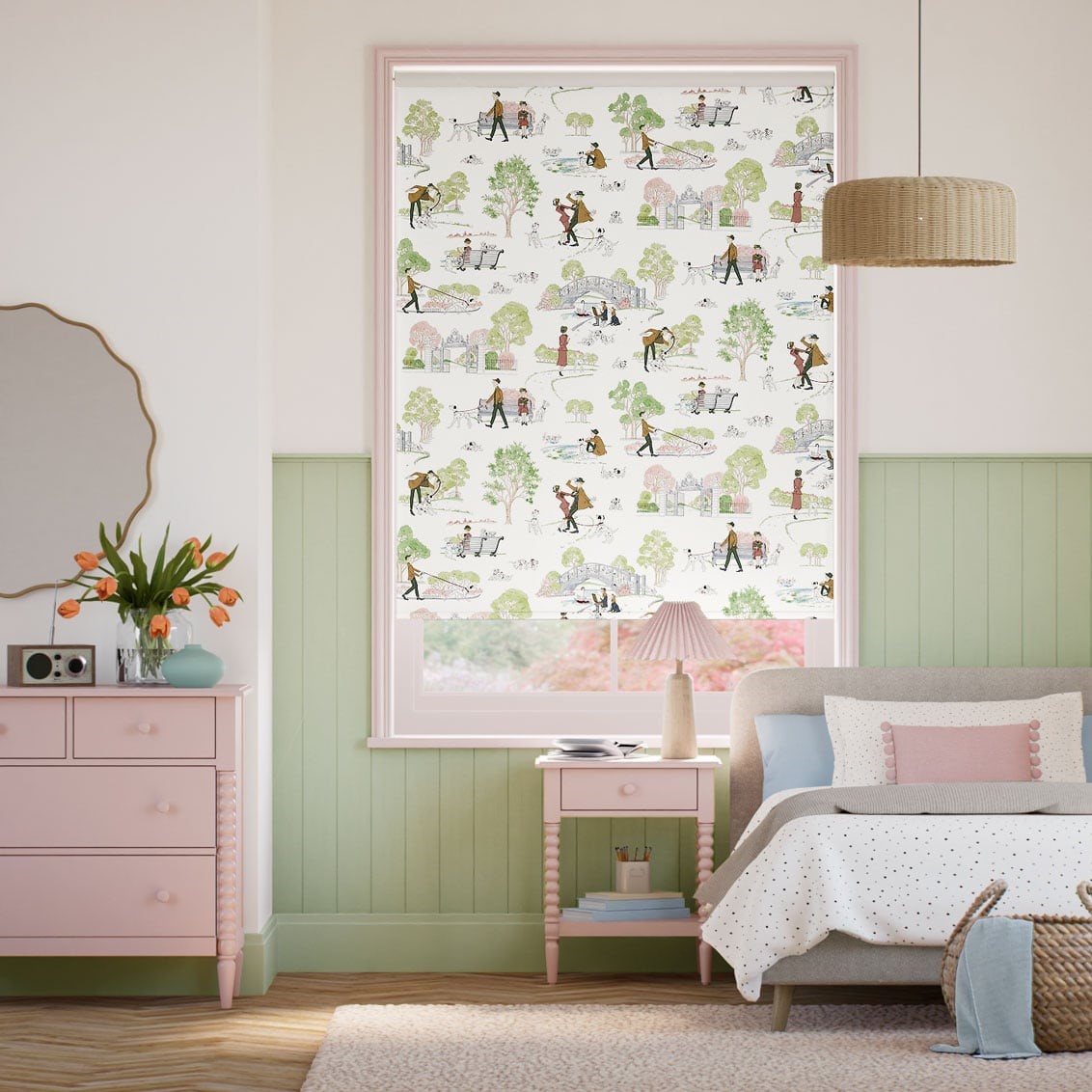 101 Dalmatians Blackout Soft Green & Rose Roller Blind