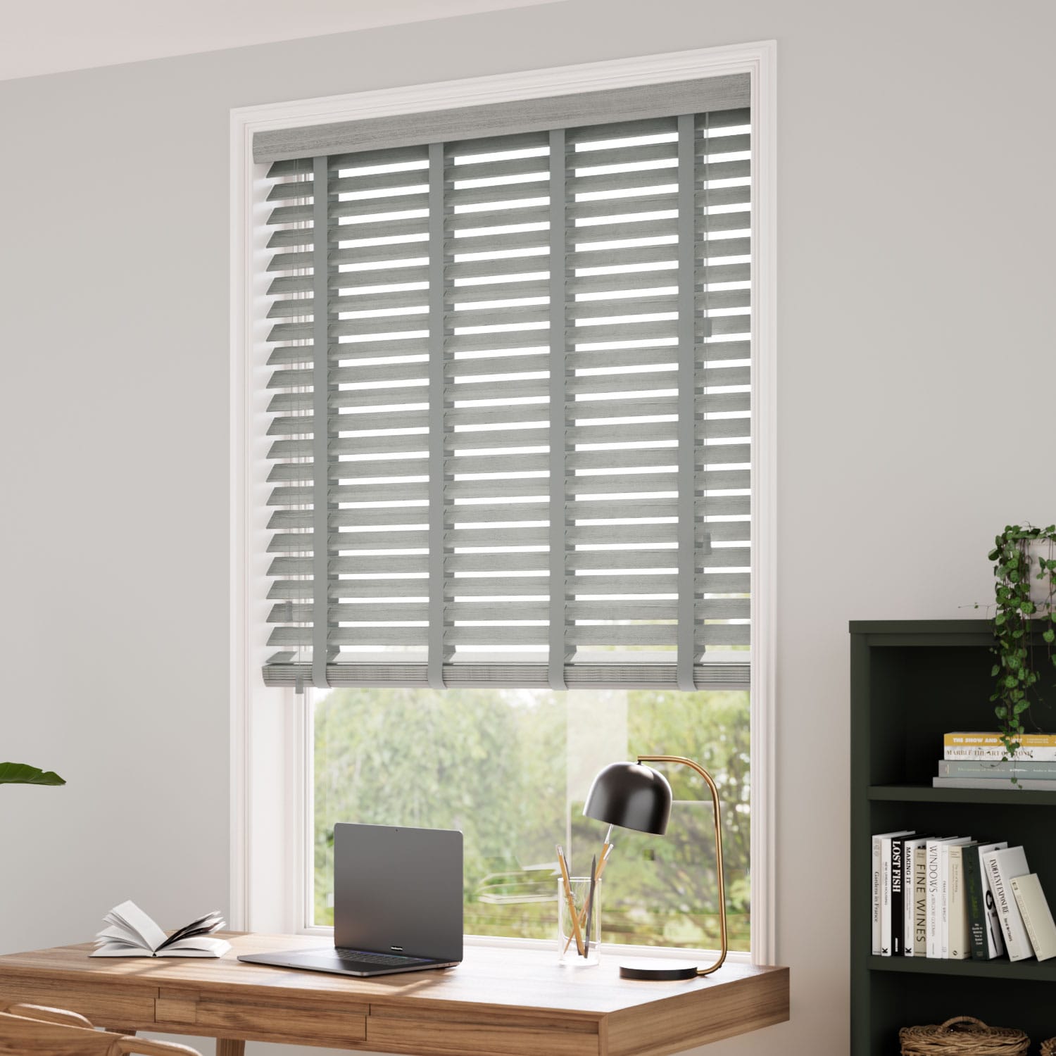 Atlanta Warm Grey & Tin Faux Wood Blind 50mm Slat