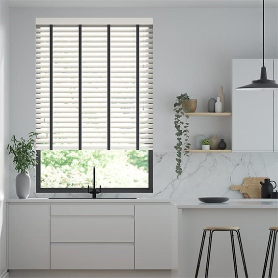 Atlanta Winter White & Midnight Faux Wood Blind - 50mm Slat