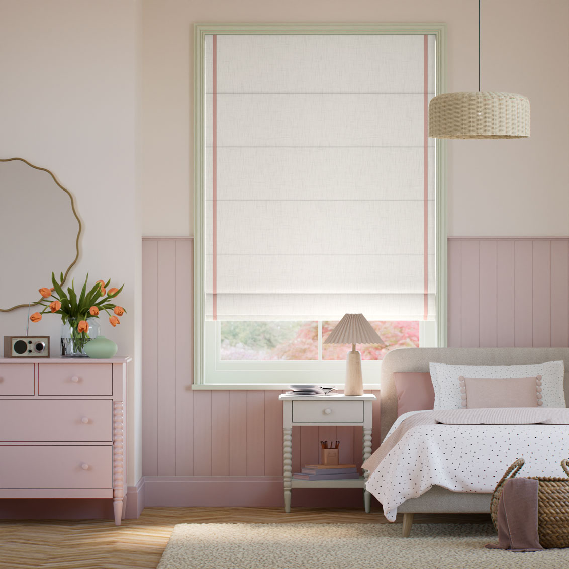 Bijou Linen Alabaster & Blush Pink Inset Border Roman Blind