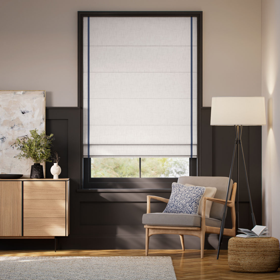 Bijou Linen Alabaster & Cavendish Navy Inset Border Roman Blind
