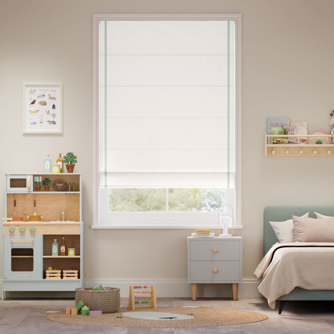 Bijou Linen Alabaster & Duck Egg Inset Border Roman Blind