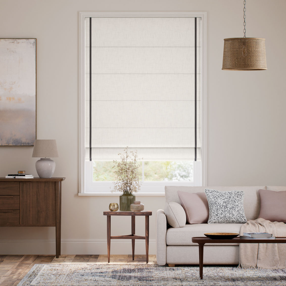 Bijou Linen Alabaster & Noir Inset Border Roman Blind