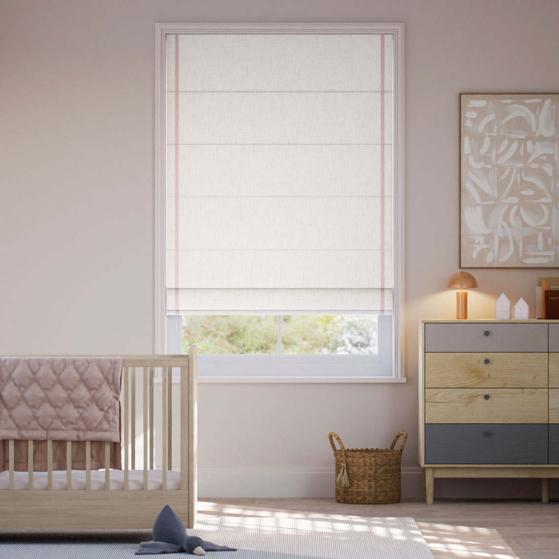 Bijou Linen Alabaster & Vintage Pink Inset Border Roman Blind