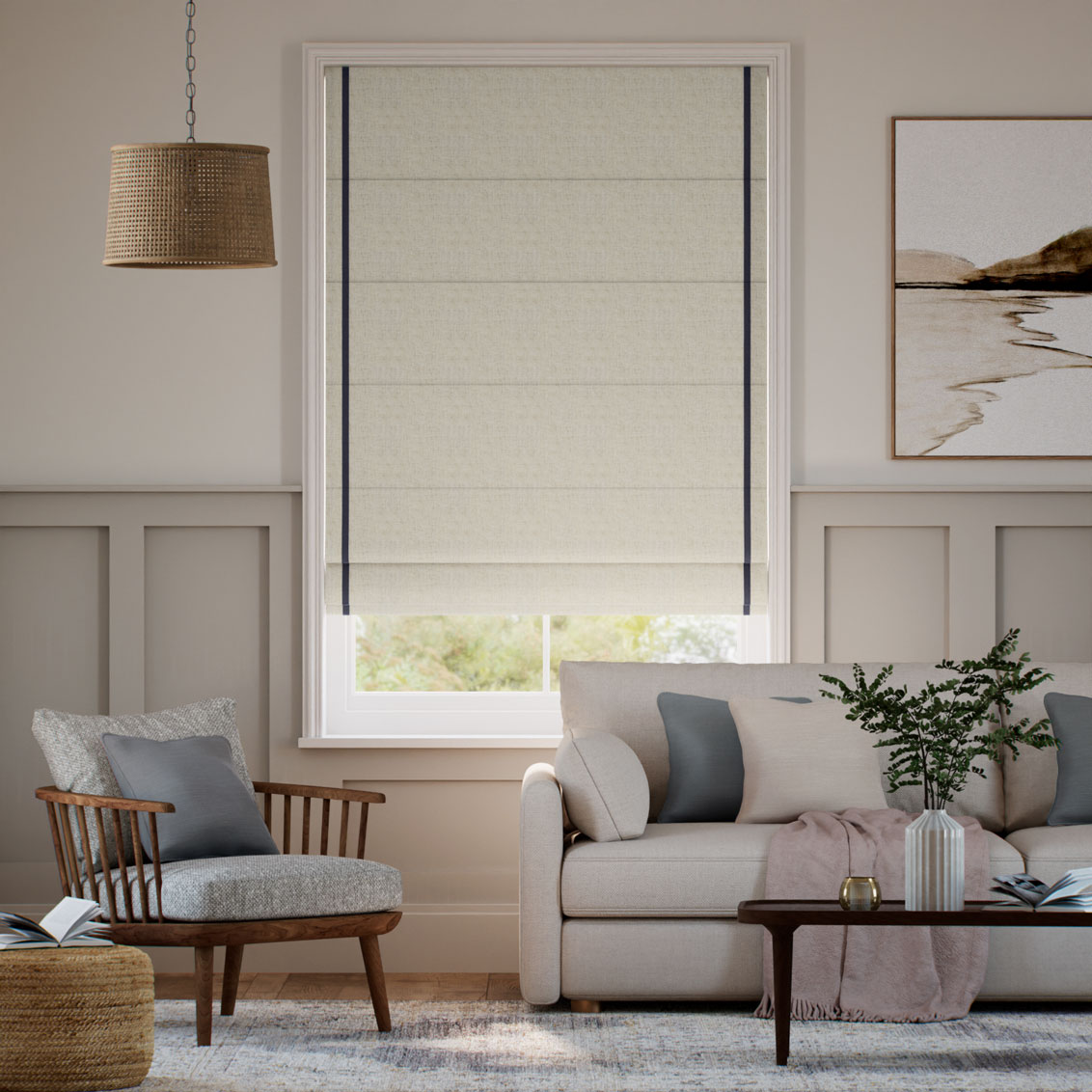 Bijou Linen Oatmeal & Indigo Inset Border Roman Blind