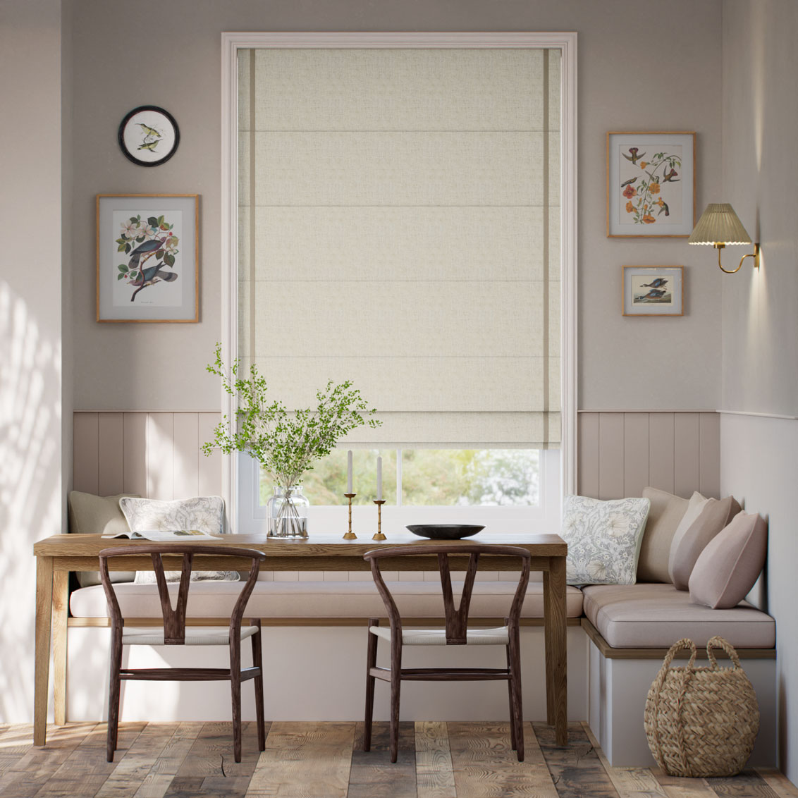 Bijou Linen Oatmeal & Linen Hopsack Inset Border Roman Blind