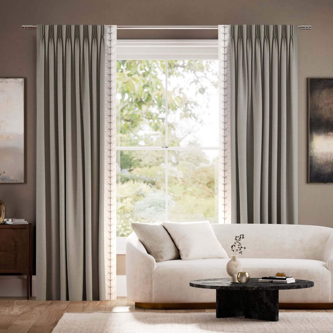 Bijou Linen Taupe & Chatsworth Ivory Curtains