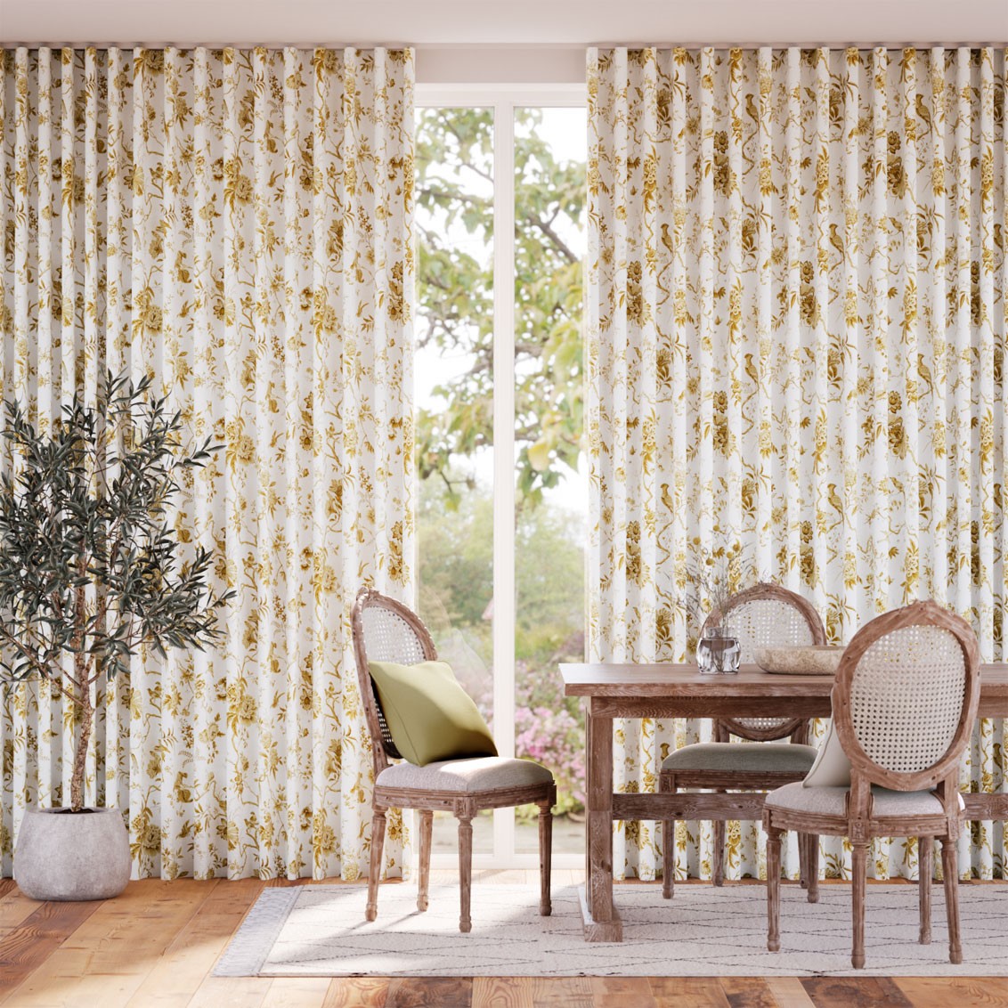 Bird Toile Gold Curtains