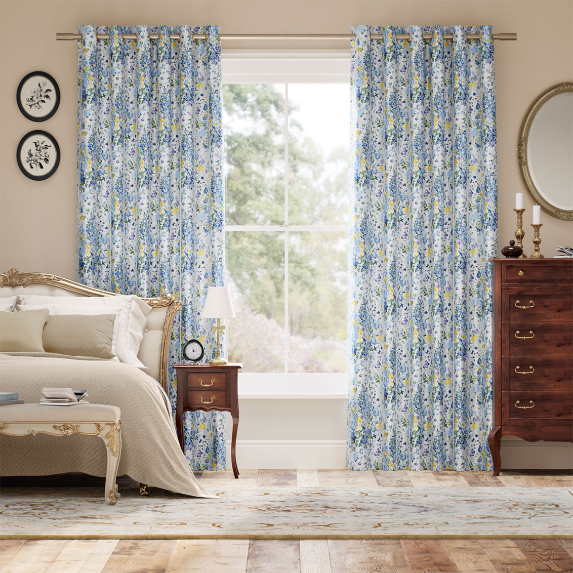 Bouquet Parade Faux Silk Blue Curtains