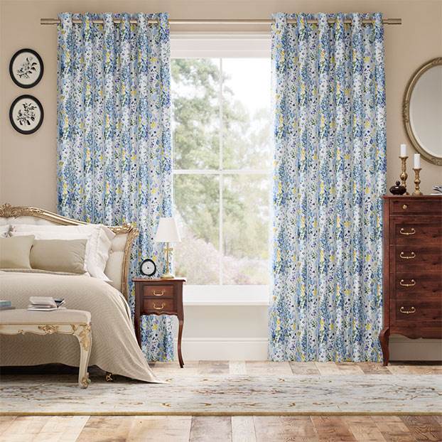 Bouquet Parade Faux Silk Blue Curtains thumbnail image