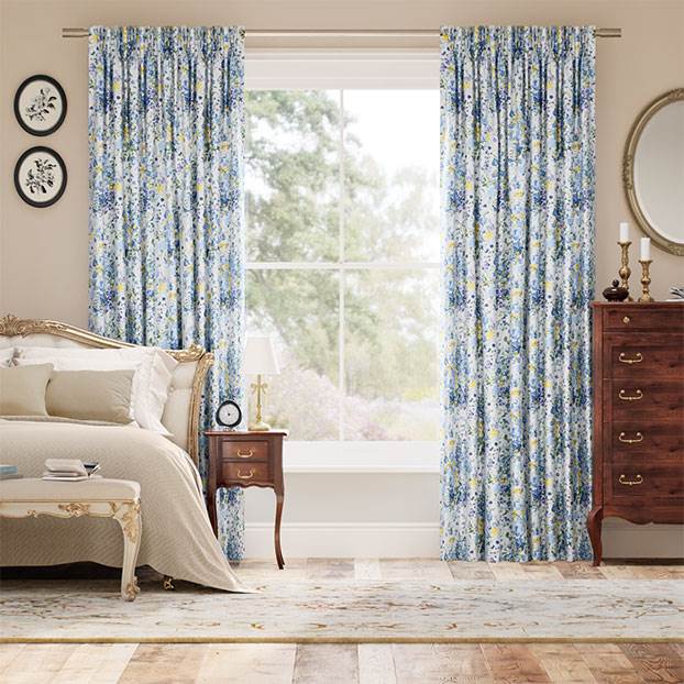 Bouquet Parade Faux Silk Blue Curtains thumbnail image