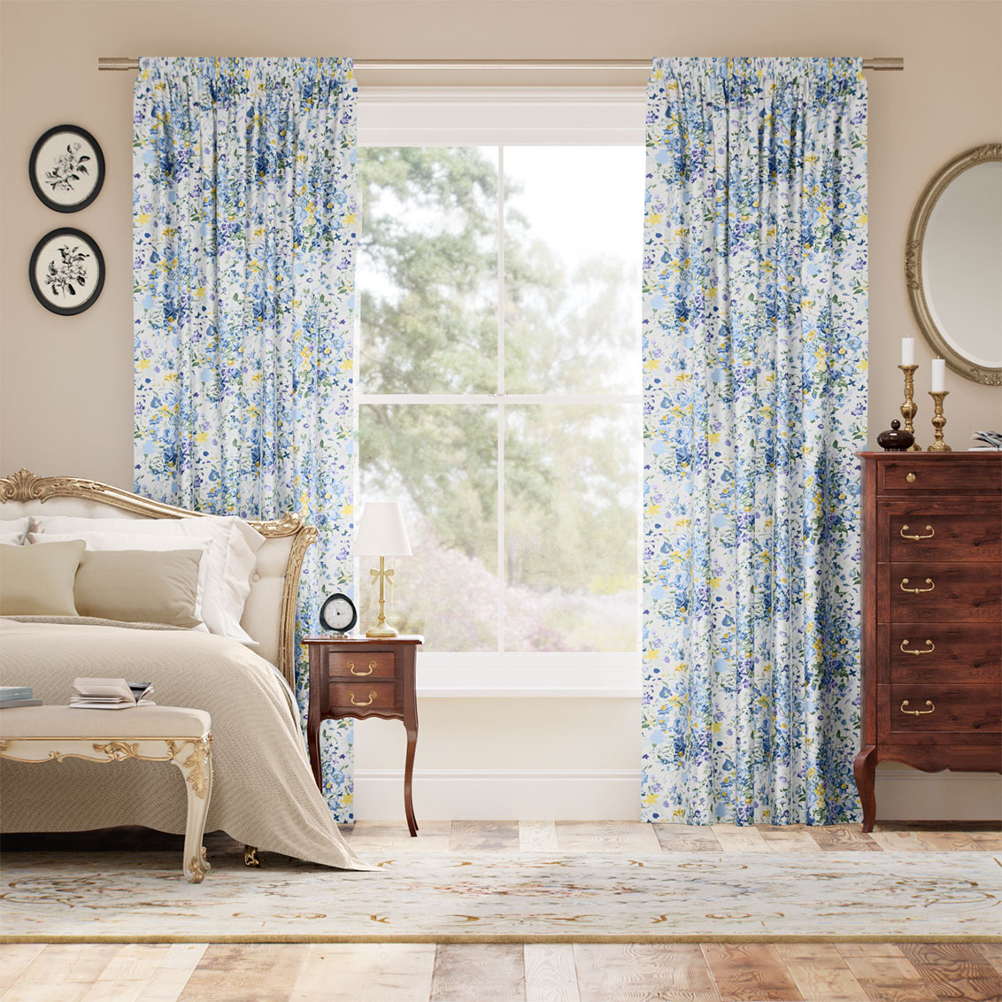 Bouquet Parade Faux Silk Blue Curtains