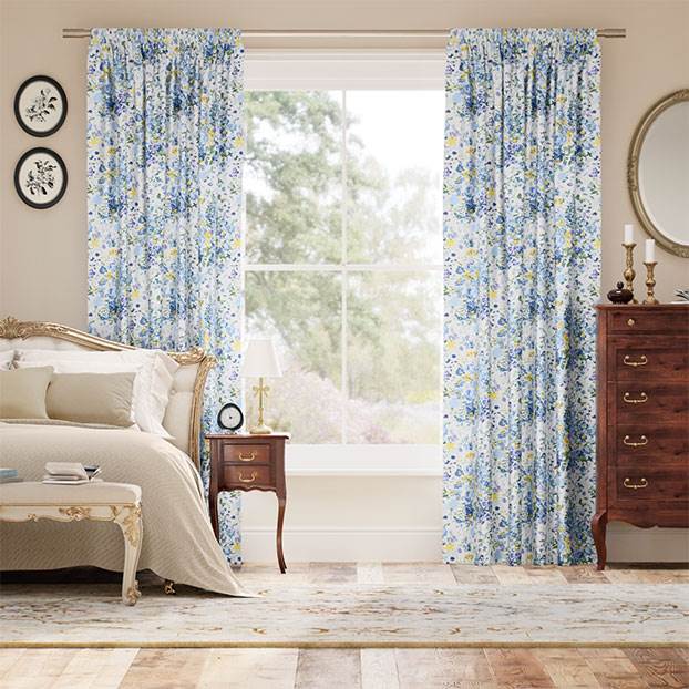 Bouquet Parade Faux Silk Blue Curtains thumbnail image