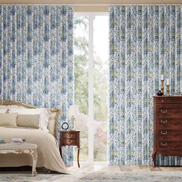 Bouquet Parade Faux Silk Blue Curtains thumbnail image