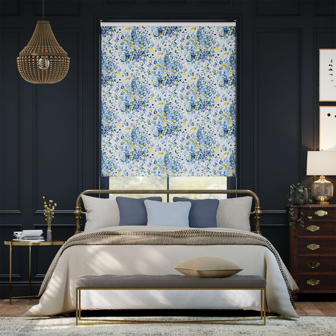 Bouquet Parade Faux Silk Blue Roller Blind