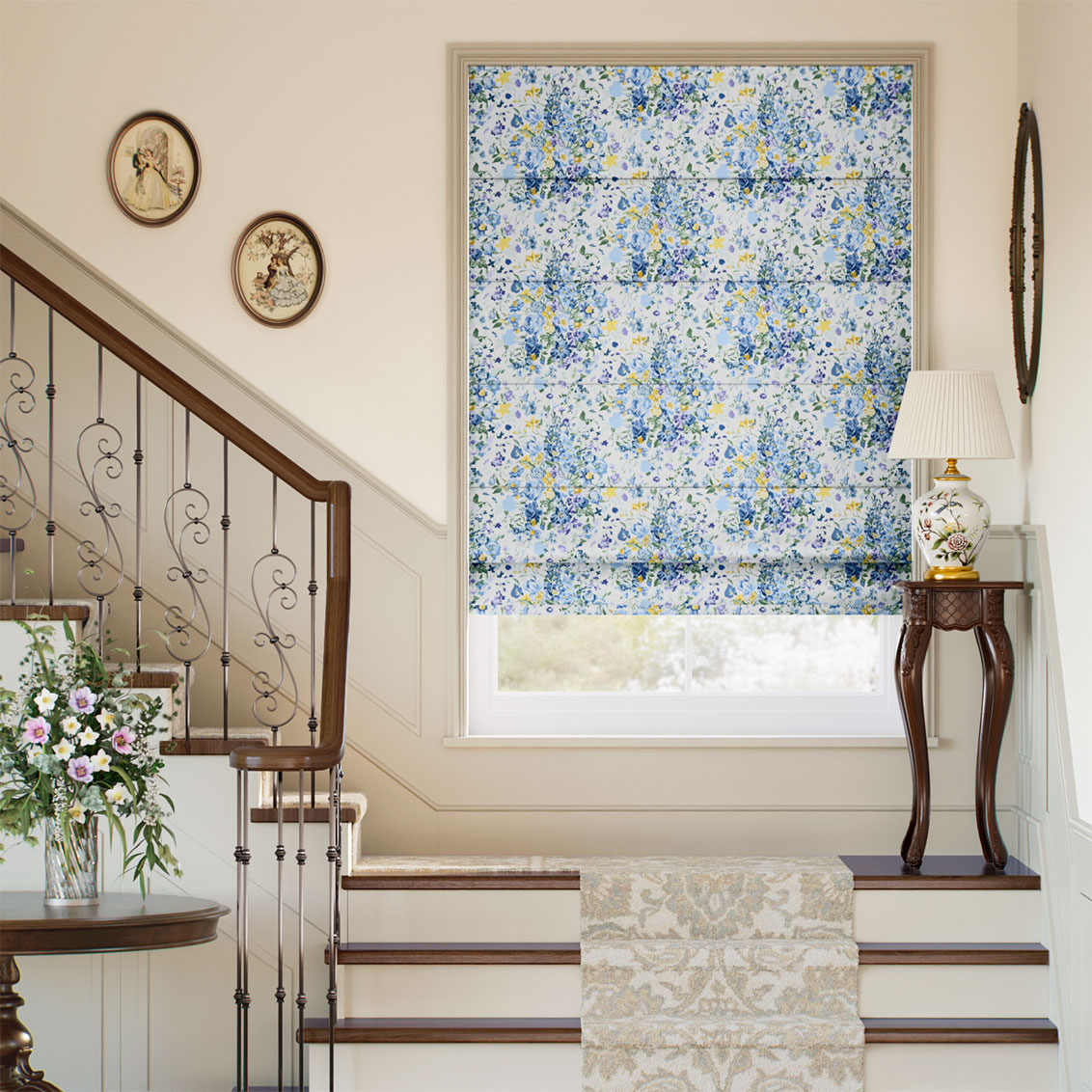 Bouquet Parade Faux Silk Blue Roman Blind