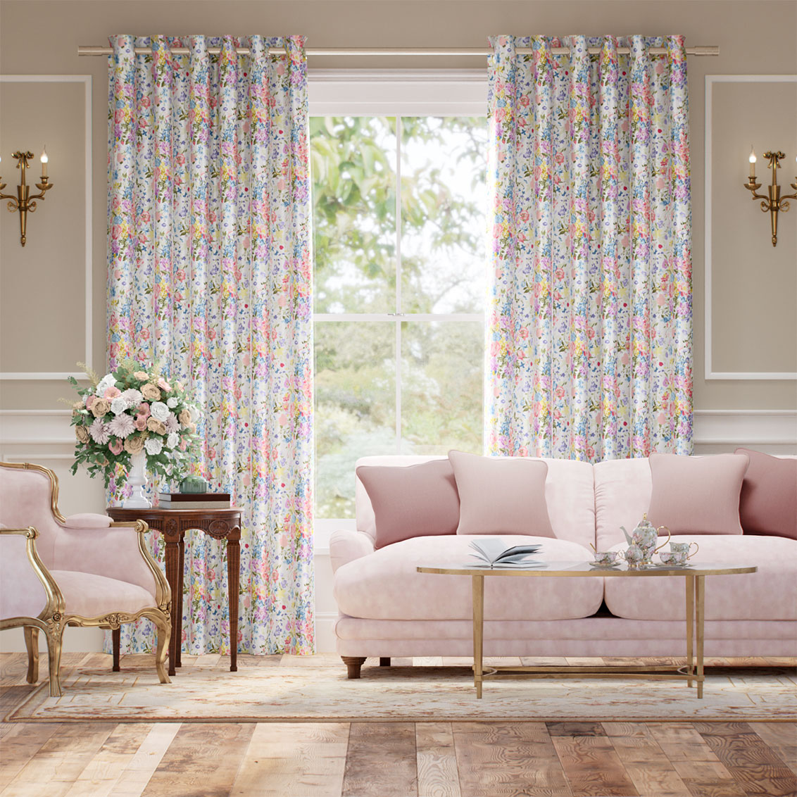 Bouquet Parade Faux Silk Pink Curtains