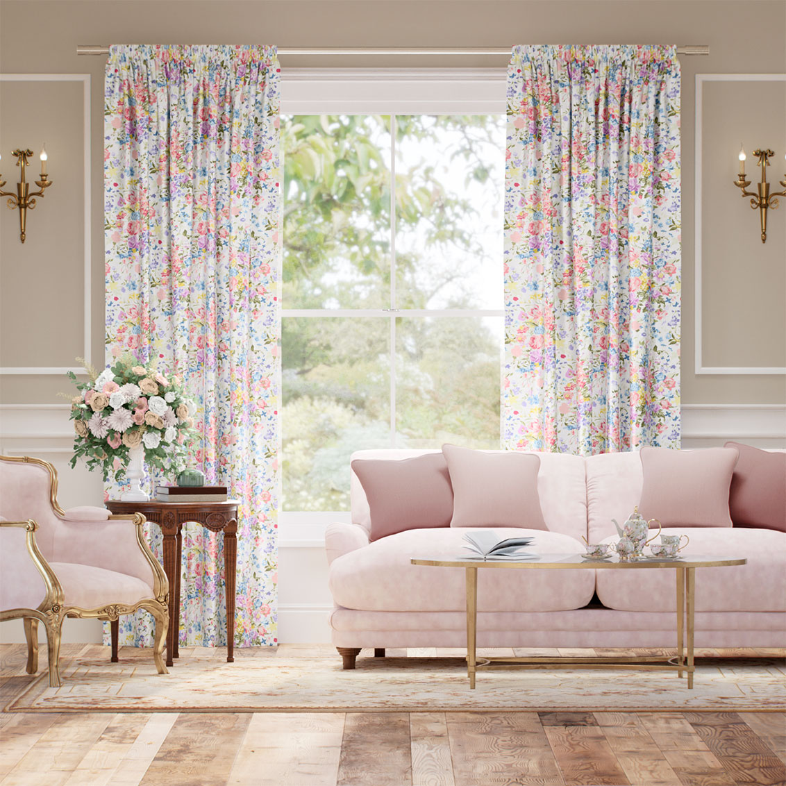 Bouquet Parade Faux Silk Pink Curtains