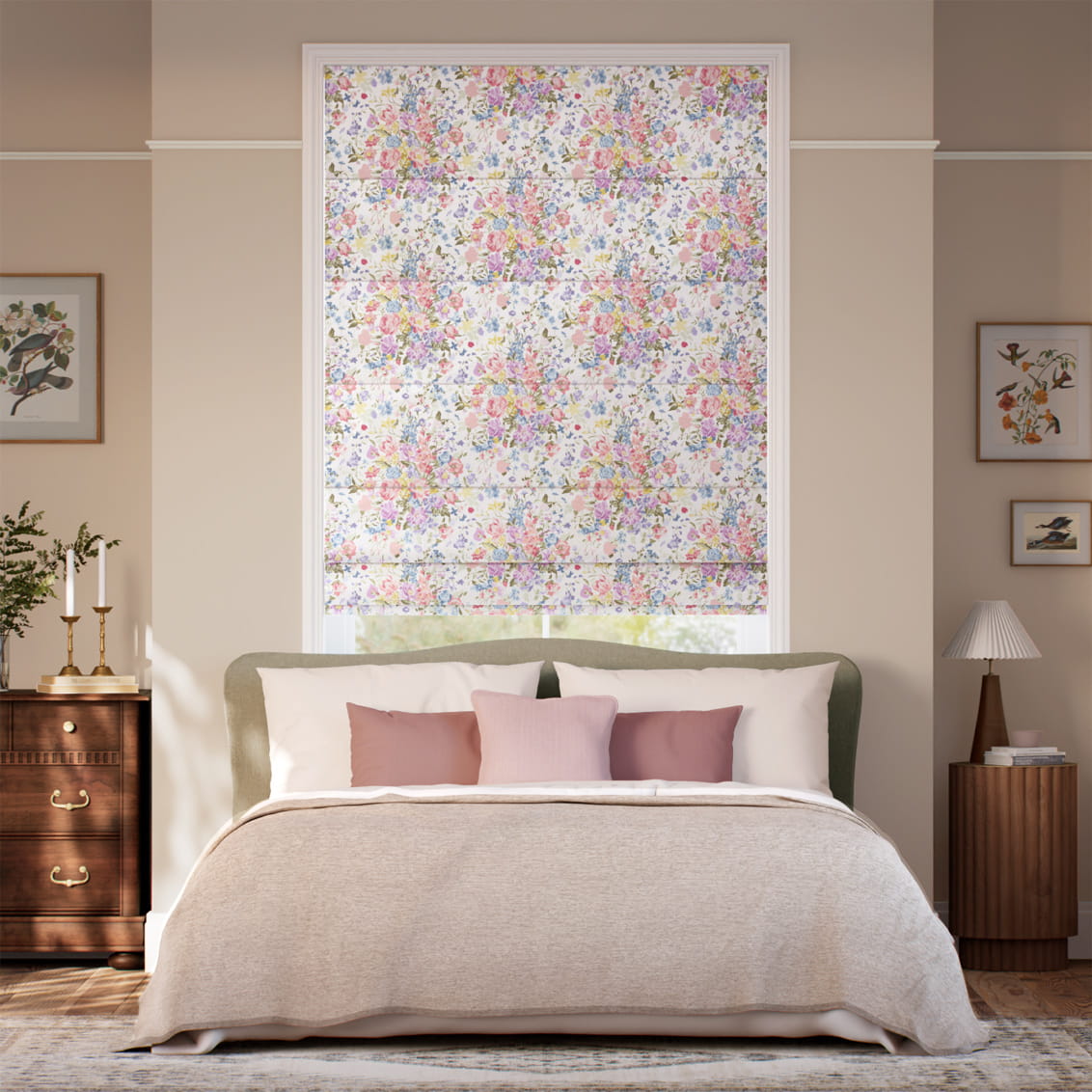 Bouquet Parade Faux Silk Pink Roman Blind