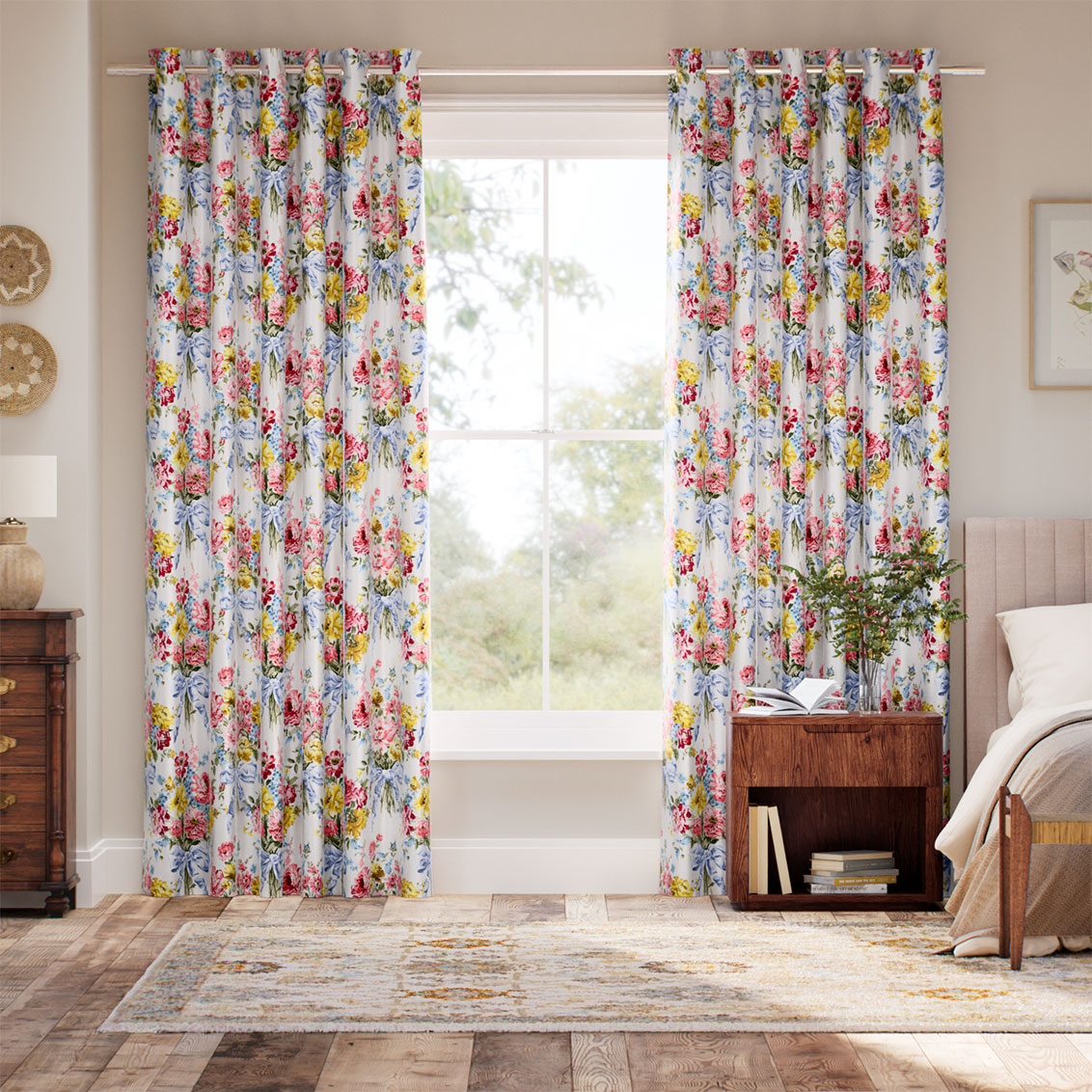 Bow Bouquet Faux Silk Cream Curtains