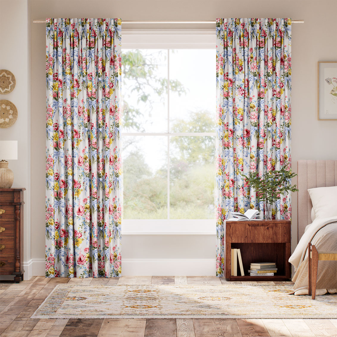 Bow Bouquet Faux Silk Cream Curtains