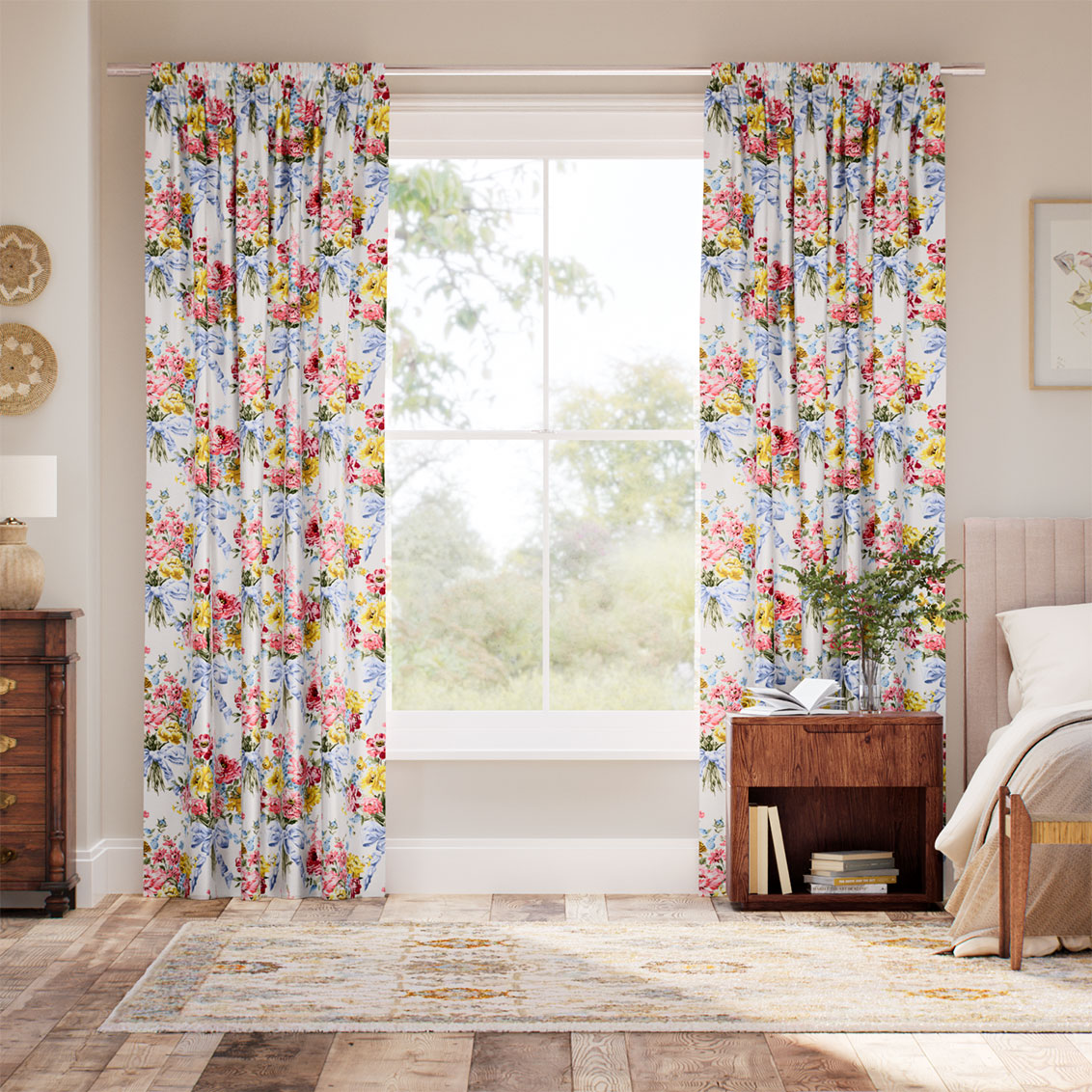 Bow Bouquet Faux Silk Cream Curtains