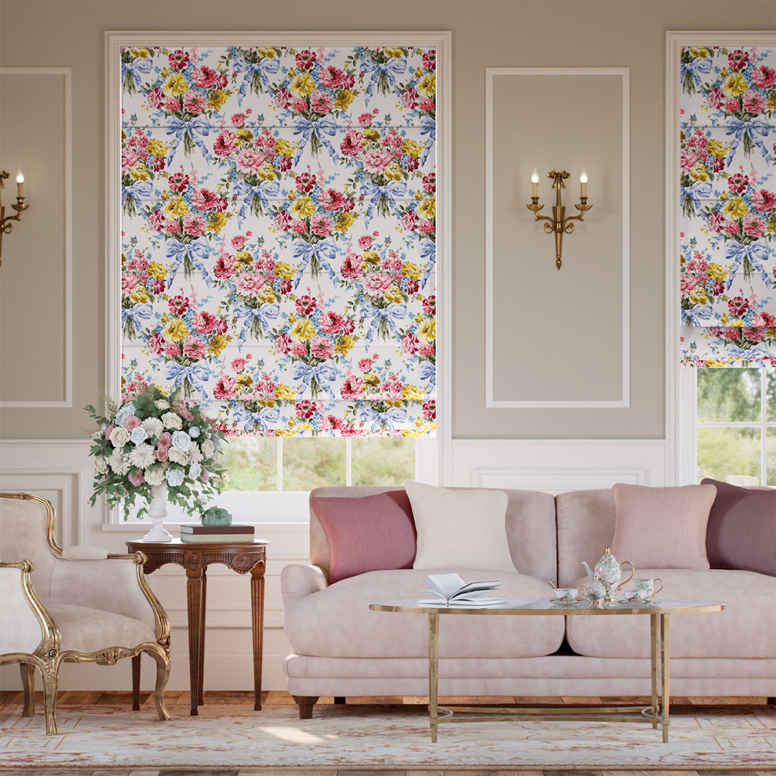 Liberty & Bridgerton Bow Bouquet Faux Silk Cream Roman Blind