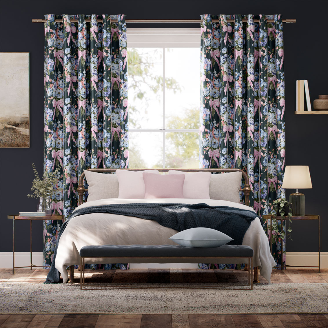 Bow Bouquet Faux Silk Navy Curtains