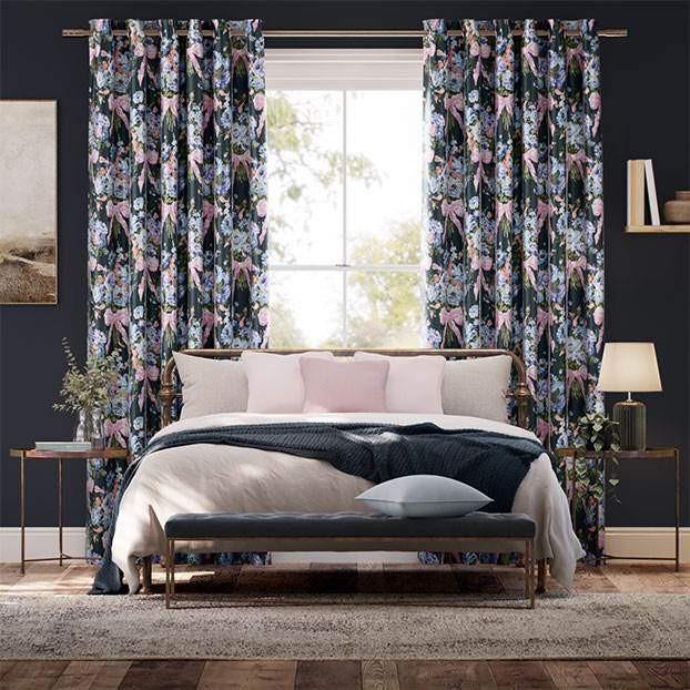 Bow Bouquet Faux Silk Navy Curtains thumbnail image