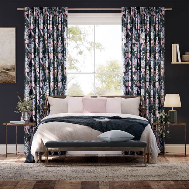 Bow Bouquet Faux Silk Navy Curtains thumbnail image
