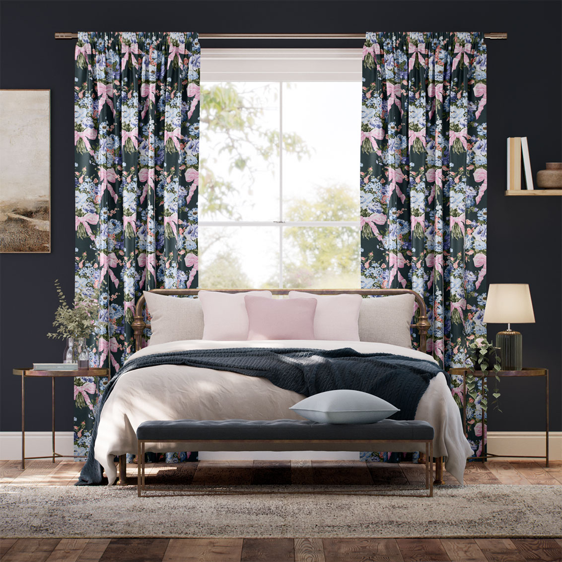 Bow Bouquet Faux Silk Navy Curtains