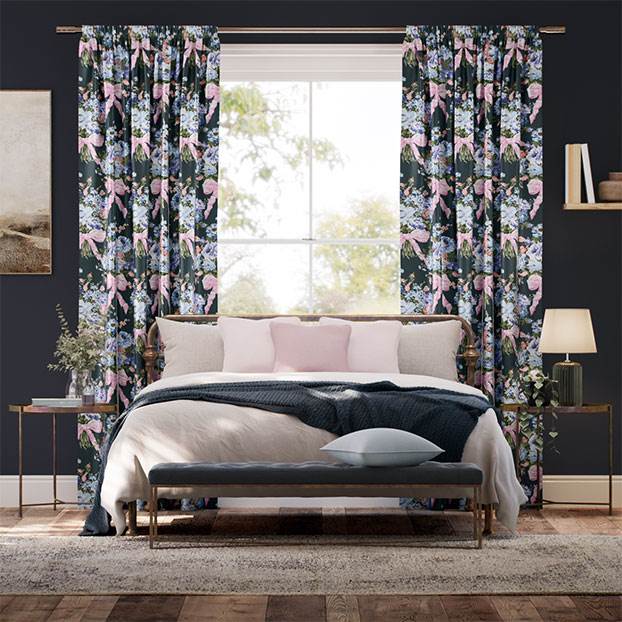 Bow Bouquet Faux Silk Navy Curtains thumbnail image
