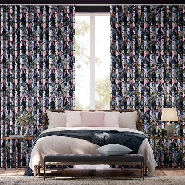 Bow Bouquet Faux Silk Navy Curtains thumbnail image