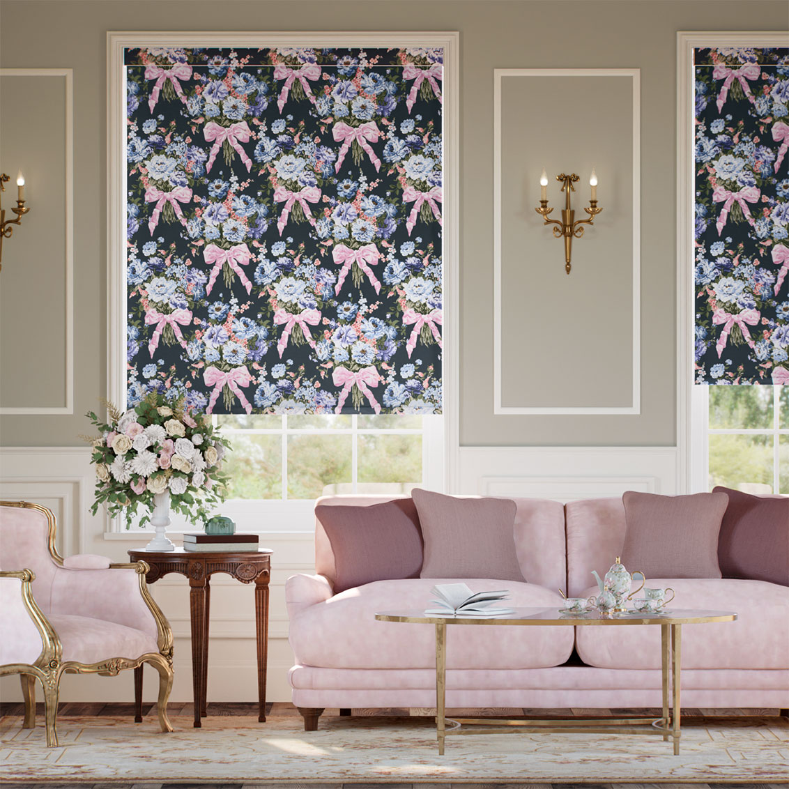 Bow Bouquet Faux Silk Navy Roller Blind