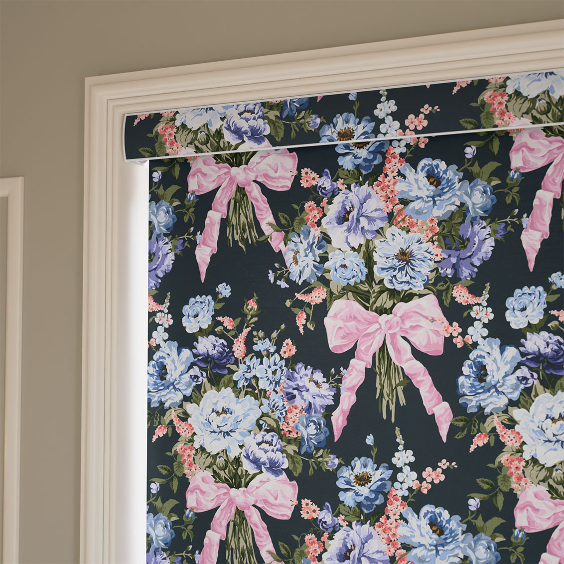 Bow Bouquet Faux Silk Navy Roller Blind