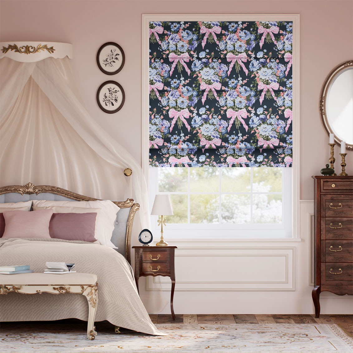 Bow Bouquet Faux Silk Navy Roman Blind