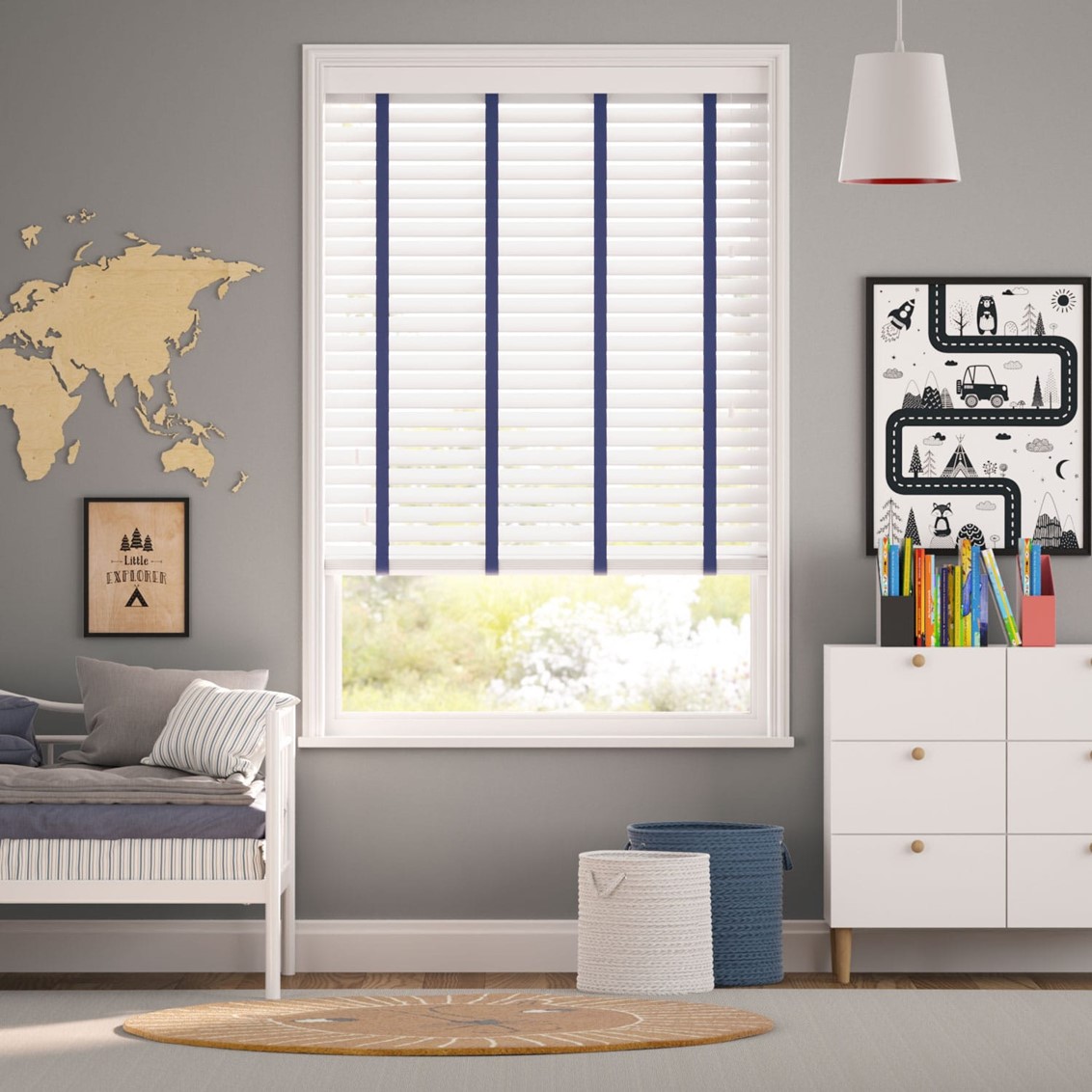 Brightest White and Denim Wooden Blind - 50mm Slat