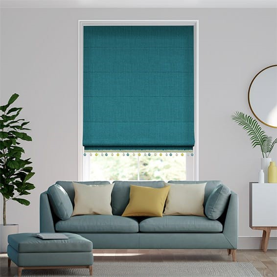 Cavendish Caribbean Blue & Spring Trimmed Roman Blind