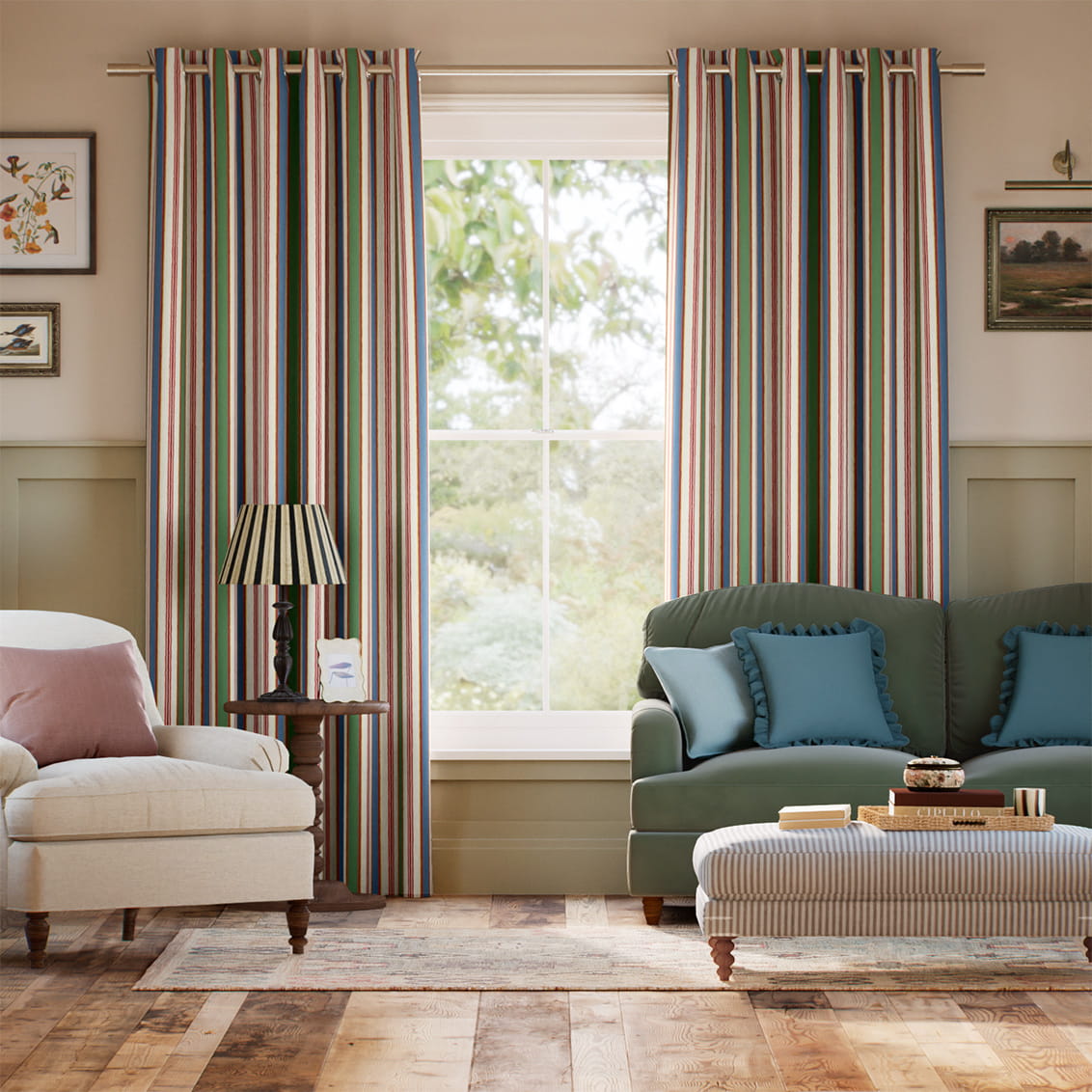 College Stripe Blue, Red & Green Curtains