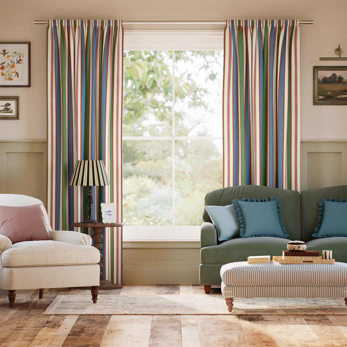 College Stripe Blue, Red & Green Curtains