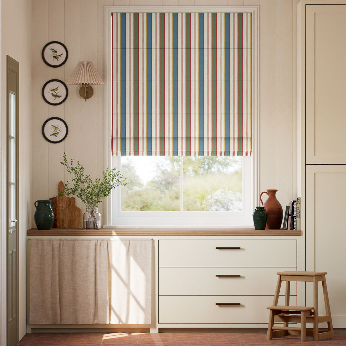 College Stripe Blue, Red & Green Roman Blind