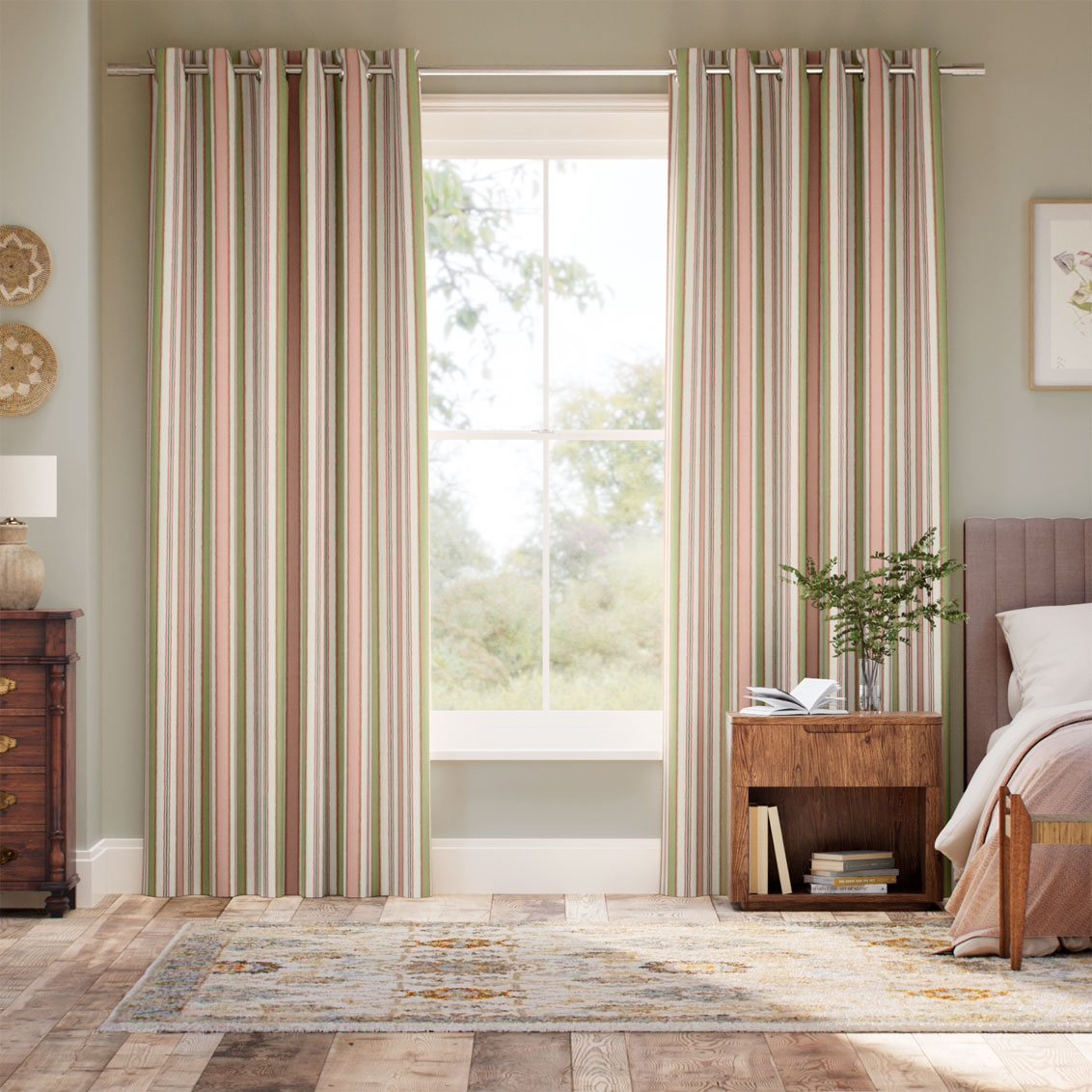 College Stripe Green & Blush Curtains