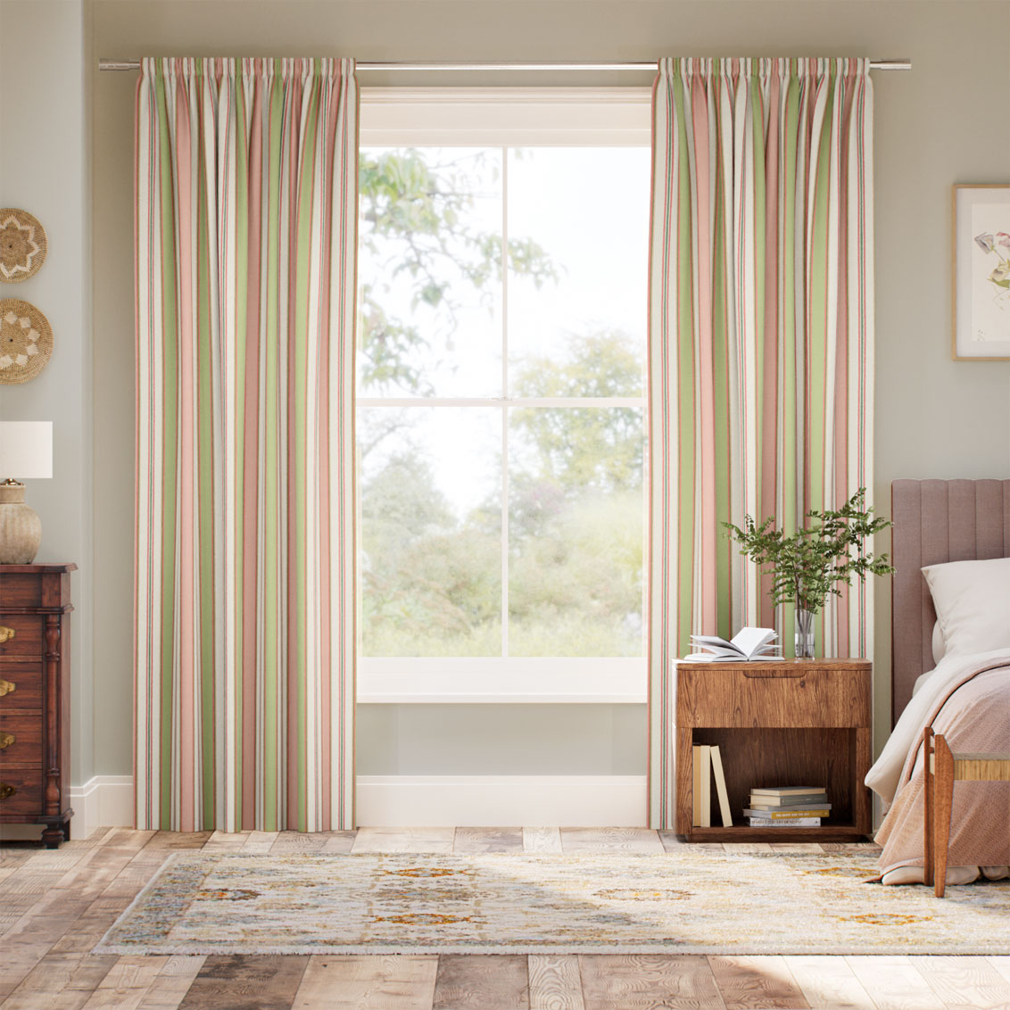 College Stripe Green & Blush Curtains