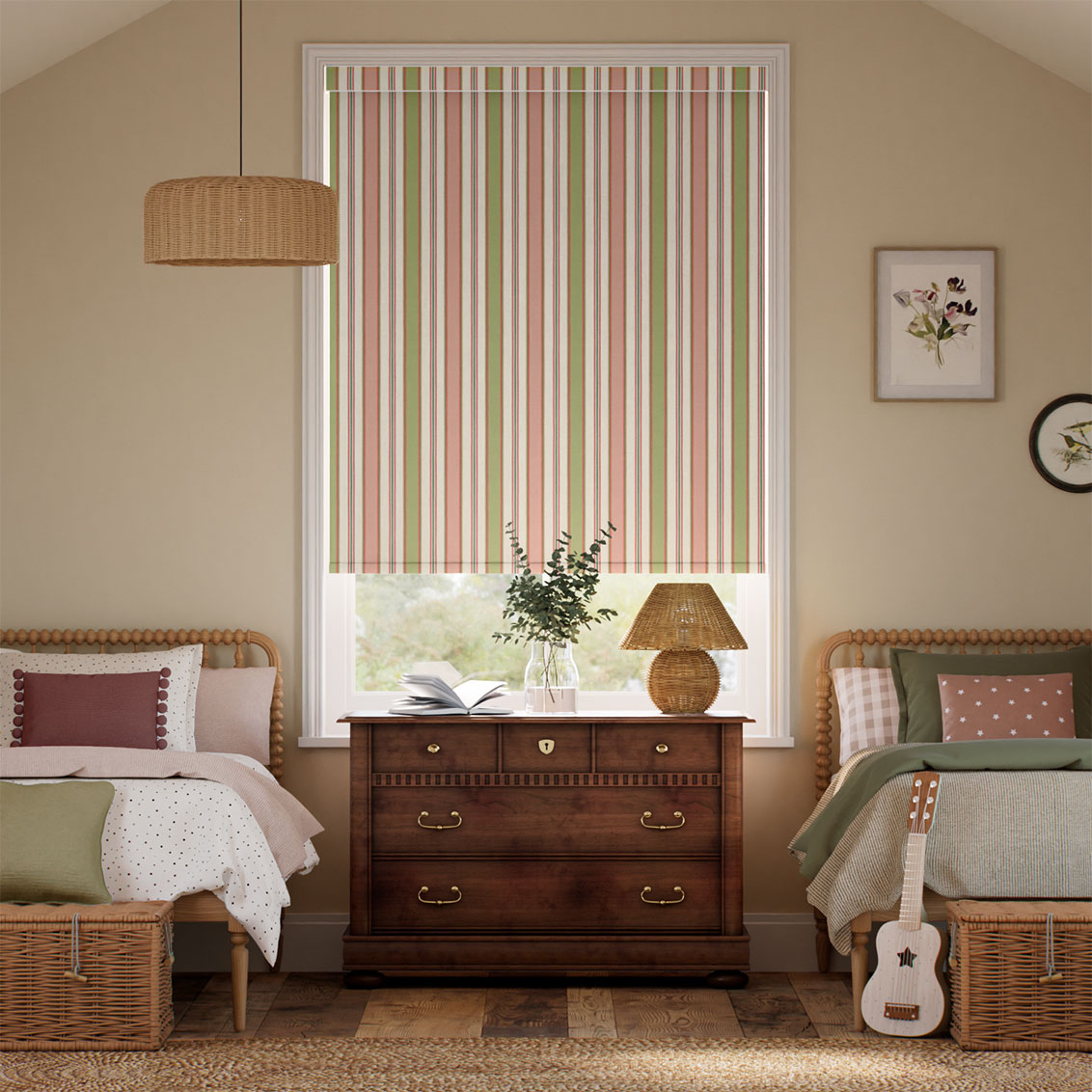 College Stripe Green & Blush Roller Blind