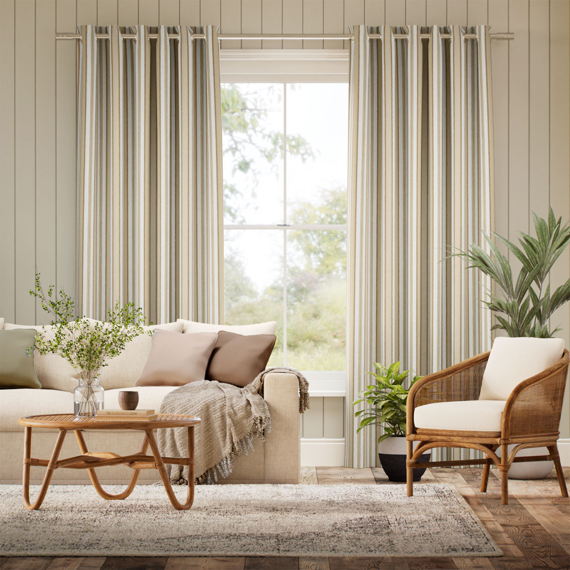 College Stripe Neutral Curtains