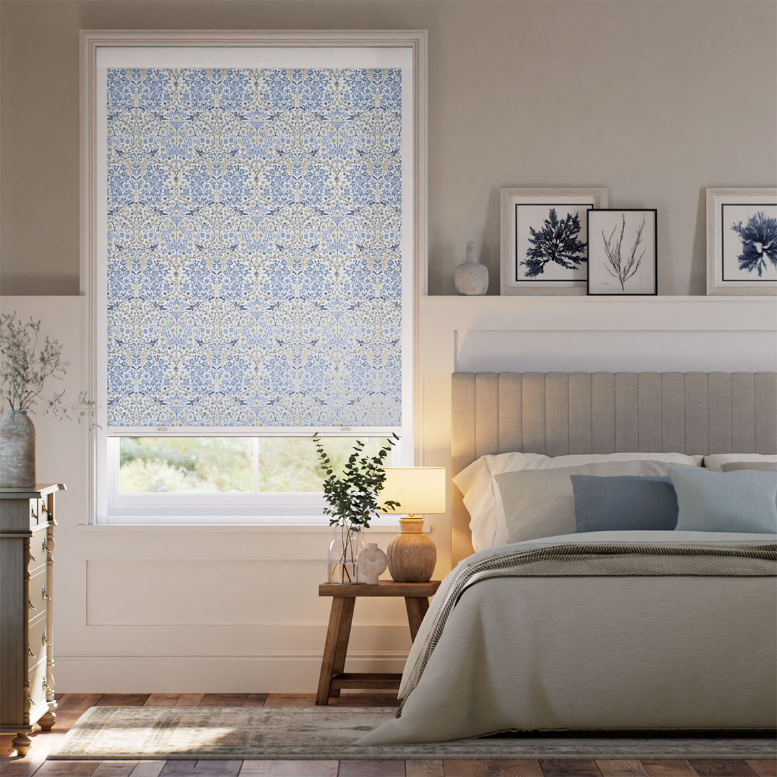 Click2Shade Complete Blackout William Morris Blackthorn China Blue Roller Blind