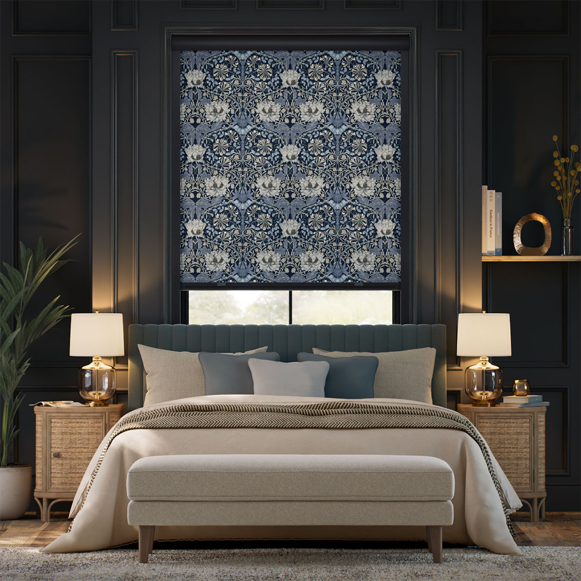 Click2Shade Complete Blackout William Morris Honeysuckle & Tulip Indigo Roller Blind
