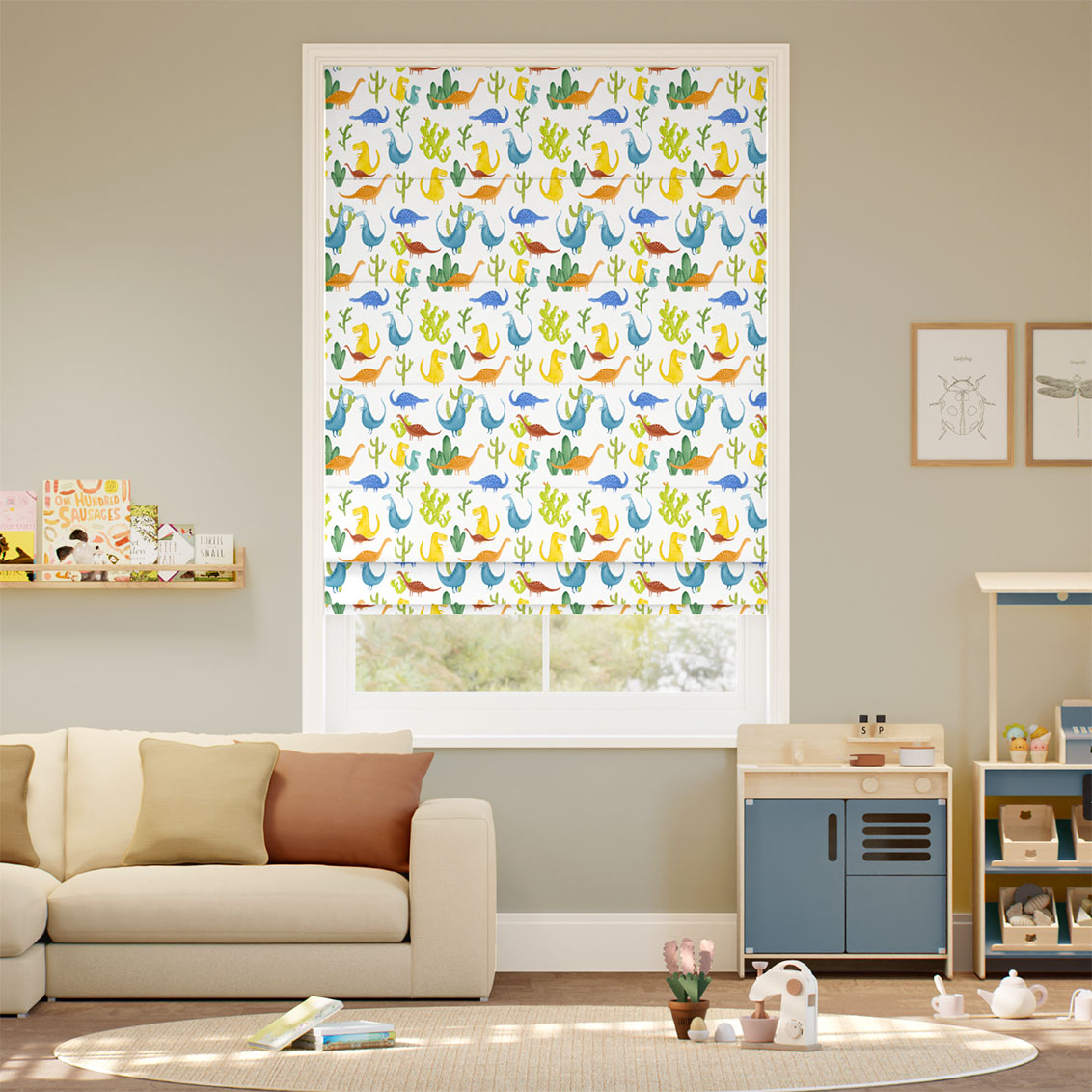 Dino Friends White Roman Blind