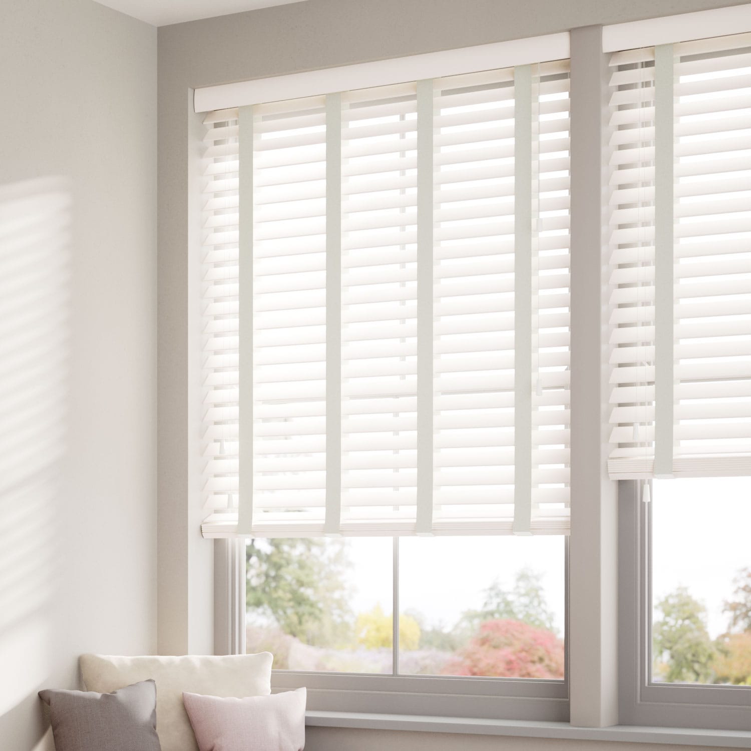 Eggshell & Nickel Faux Wood Blind - 50mm Slat