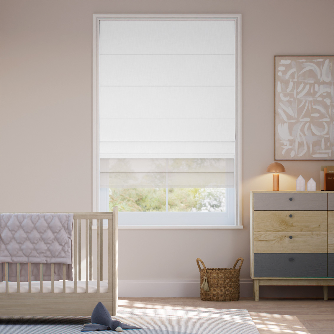 Electric ClickLock Bijou Linen White & Coconut Double Roman Blind